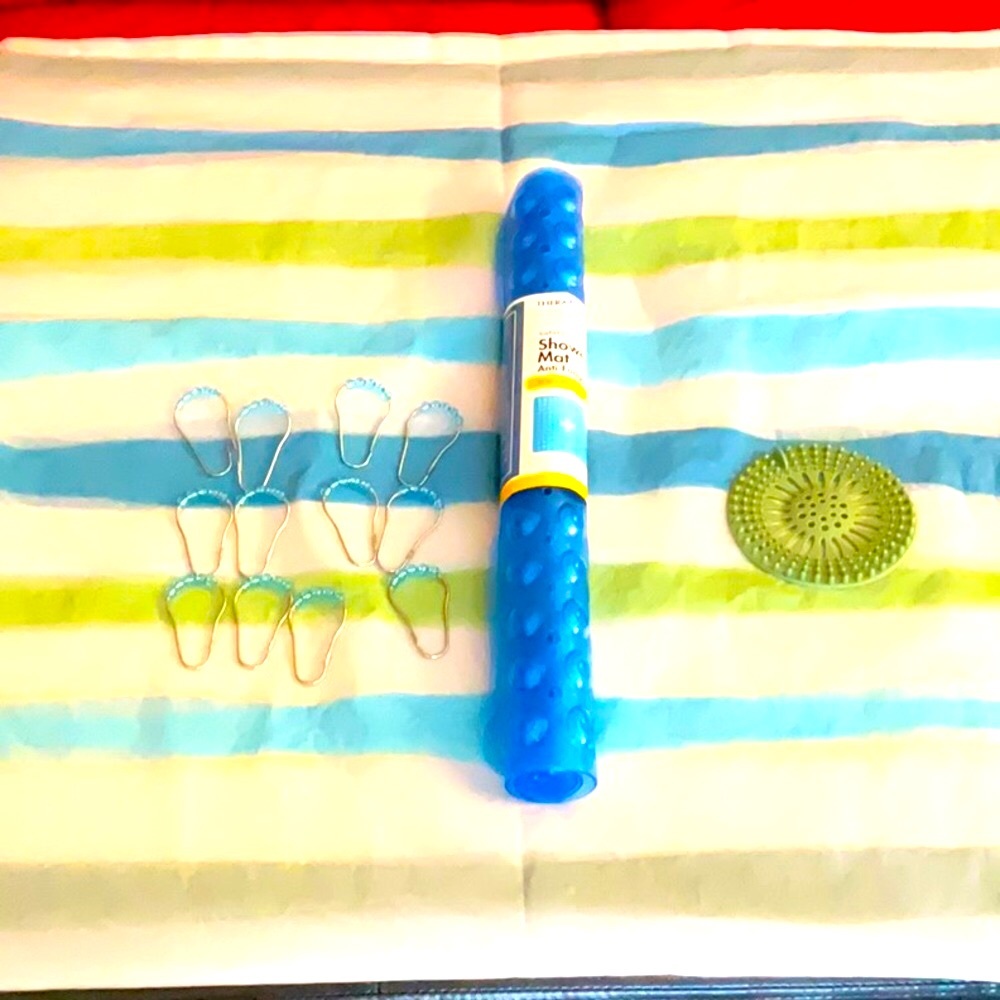 Shower curtain, rings, mat & drain cover
